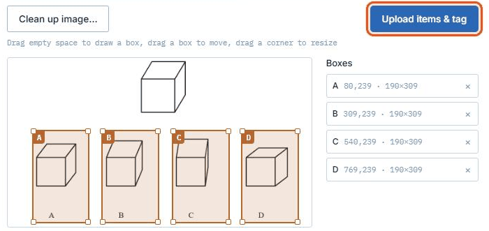 An item with a box drawn over each of the four answer choices, and the Upload items and tag button outlined