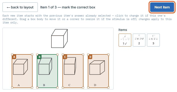 Tagging an item: box B is marked correct in green, and the Next item button is outlined
