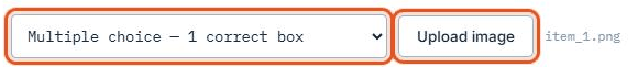 The answer type menu and the Upload image button, outlined