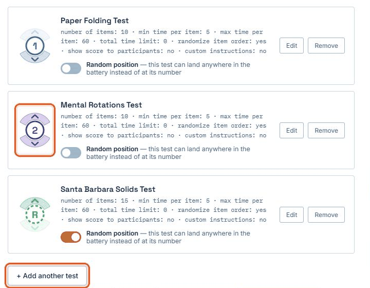 The list of tests on the Battery page, with the order arrows around a test number outlined, and the Add another test button outlined