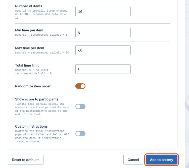 The test settings, with the Add to battery button outlined